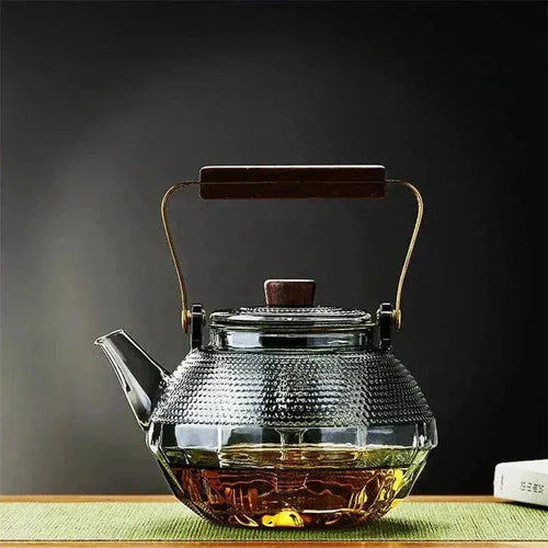 1L Glass Teapot with Dots and Wooden Handle