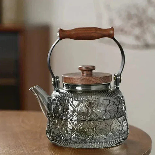 900 ml Relief Teapot of Transparent Gray Glass and Wood
