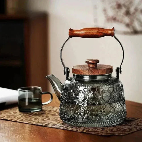 900 ml Relief Teapot of Transparent Gray Glass and Wood