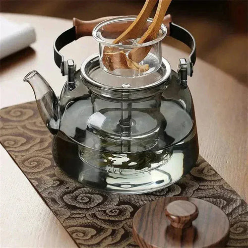 900 ml Transparent Gray Teapot Made of Glass and Wood