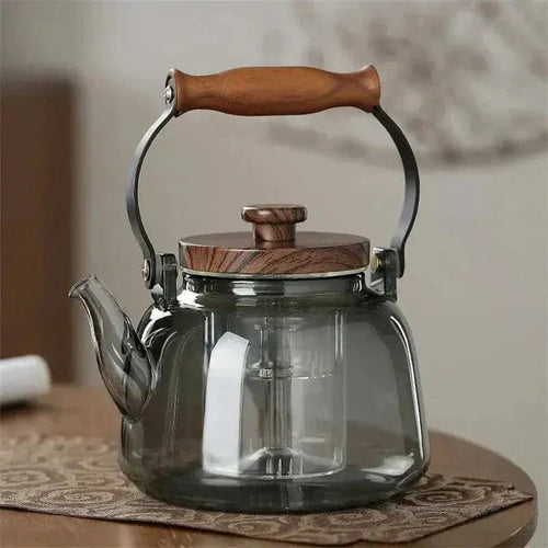 900 ml Transparent Gray Teapot Made of Glass and Wood