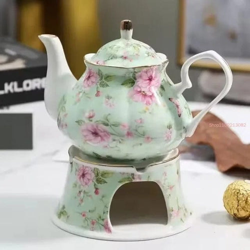 Ceramic Teapot with Warmer 400 ml and Green Flowers – Classic Teapot Set