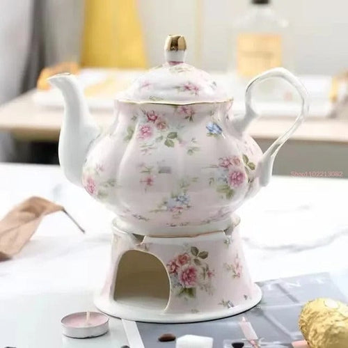 Ceramic Teapot with Warmer 400 ml and Pink Flowers – Romantic Teapot Set