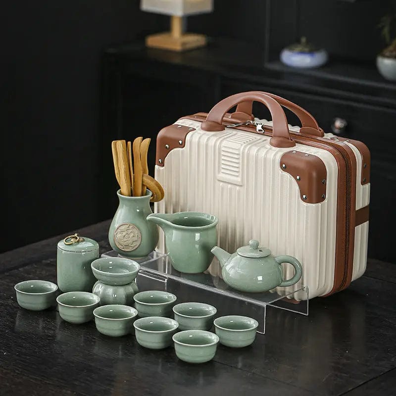 Chinese Ceramic Tea Set with Carrying Case – Green Tea Set with 8 Cups