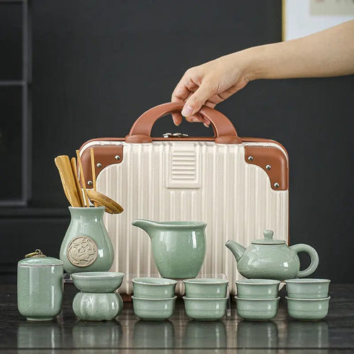 Chinese Ceramic Tea Set with Carrying Case – Green Tea Set with 8 Cups