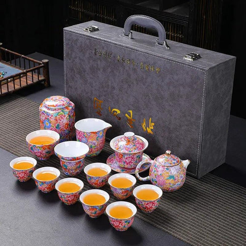 Chinese Ceramic Tea Set with Floral Patterns