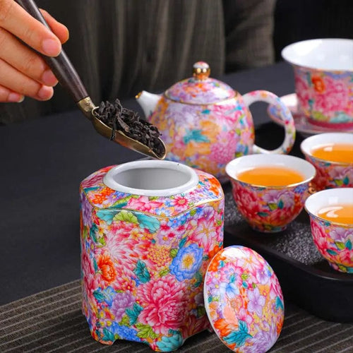 Chinese Ceramic Tea Set with Floral Patterns