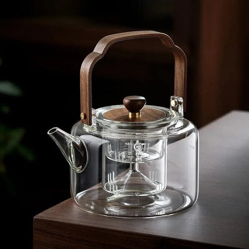 Chinese Glass Teapot 1.3L with Wooden Handle and Glass Infuser