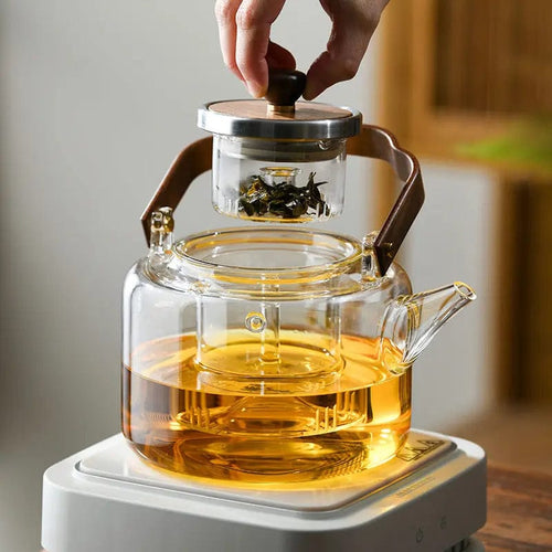 Chinese Glass Teapot 1.3L with Wooden Handle and Glass Infuser