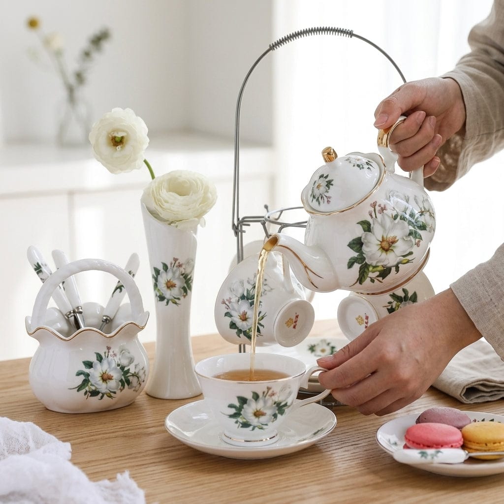 English Porcelain Tea Set with White Flowers – Teapot 500 ml and 4 Cups