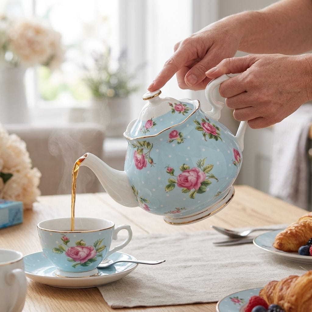 English Porcelain Teapot 1L with Blue Dots and Gold Rim