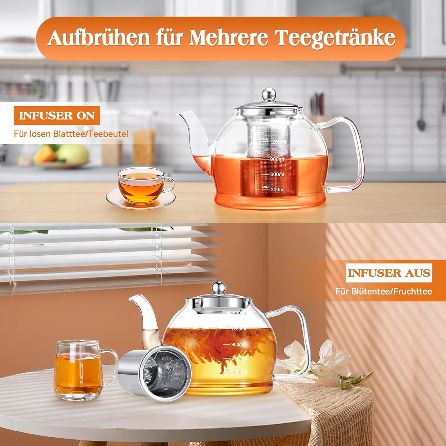 Glass Teapot 1.5L with Infuser and Filter – Heat-Resistant Teapot for Loose Tea