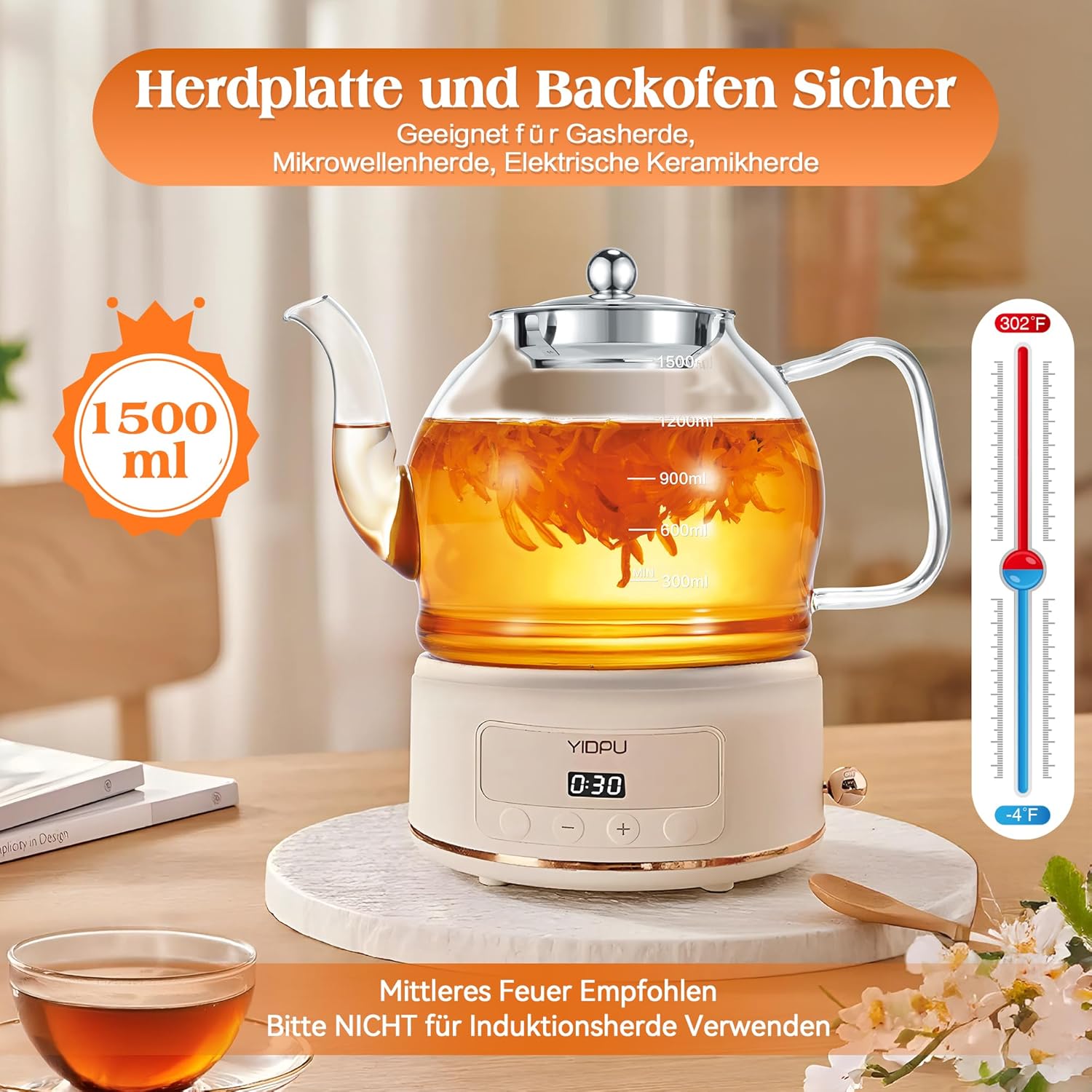 Glass Teapot 1.5L with Infuser and Filter – Heat-Resistant Teapot for Loose Tea