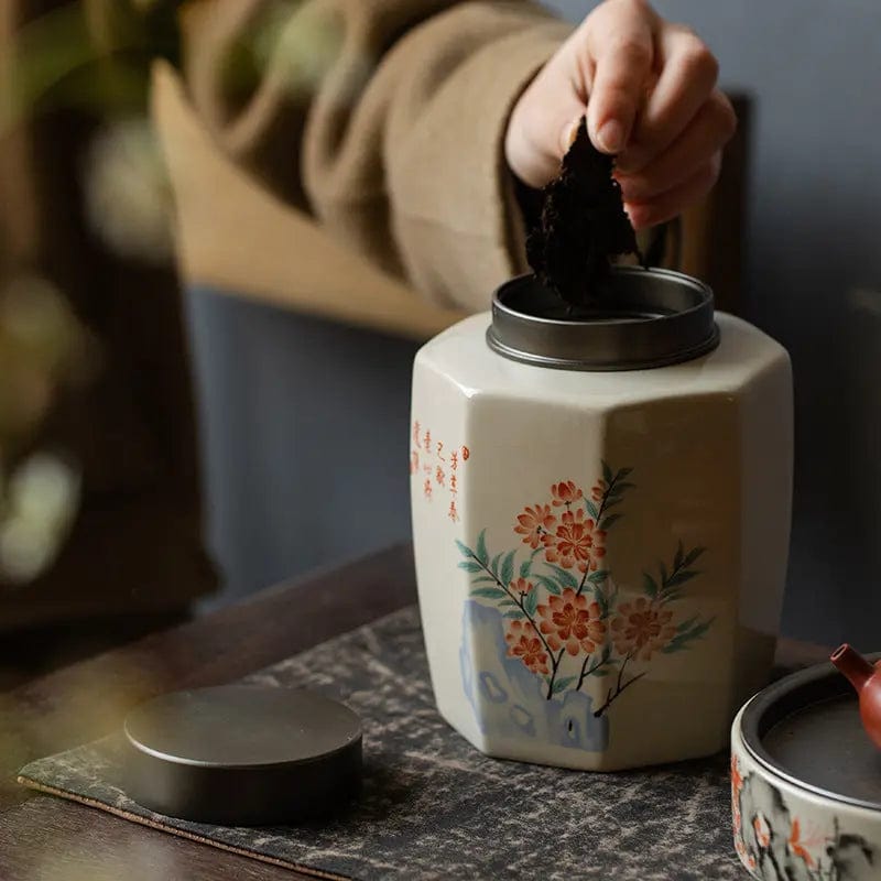 High-Quality Ceramic Tea Canister with Floral Painting, 1000 ml
