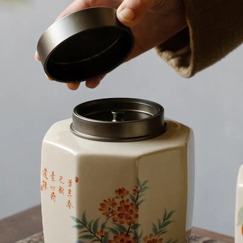 High-Quality Ceramic Tea Canister with Floral Painting, 1000 ml