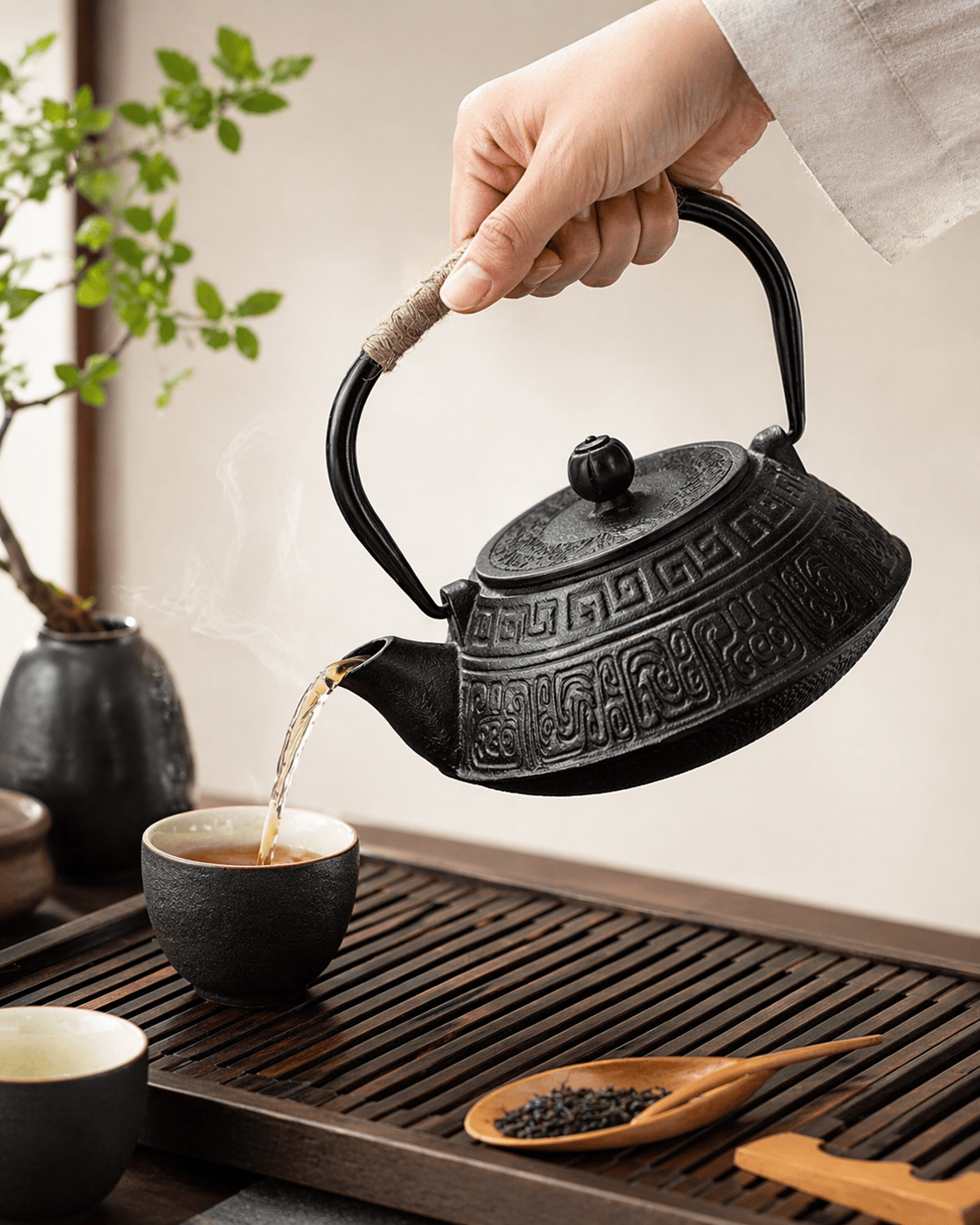 Japanese Flat Cast Iron Teapot 900 ml Black with Geometric Pattern