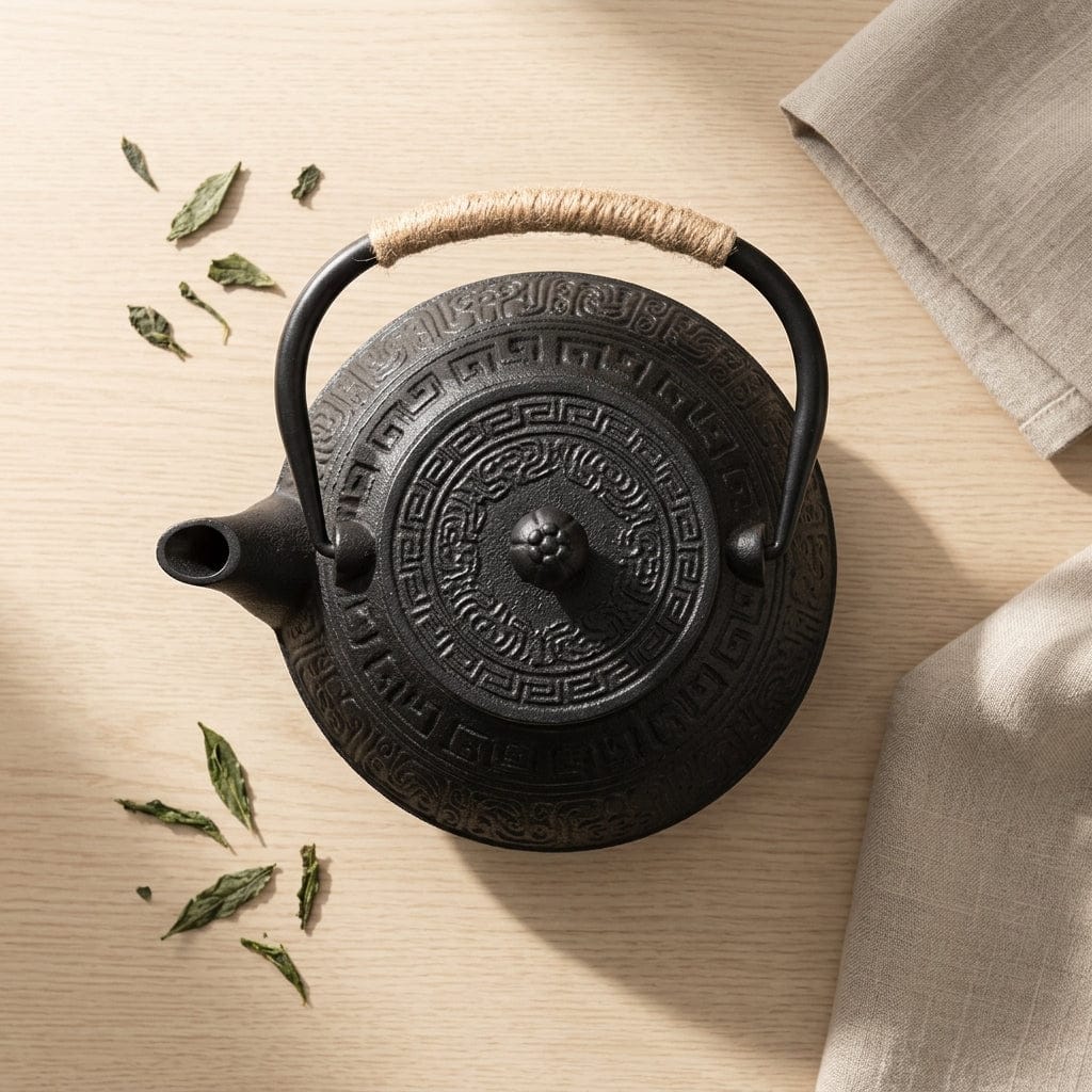 Japanese Flat Cast Iron Teapot 900 ml Black with Geometric Pattern