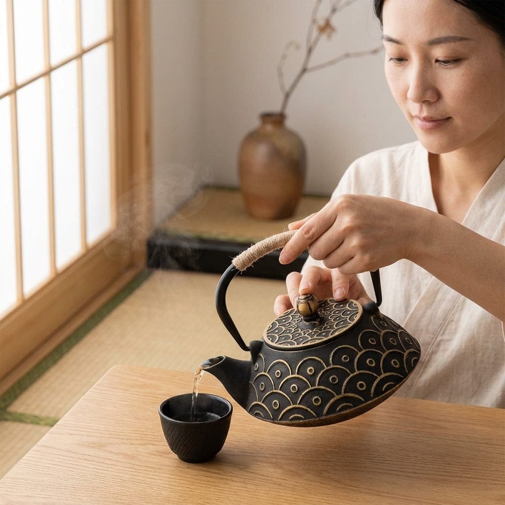 Japanese Flat Cast Iron Teapot 900 ml with Circle Pattern