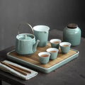 Luxury Japanese Ceramic Tea Set with Wooden Tray – Teapot 350 ml and 6 or 8 Cups