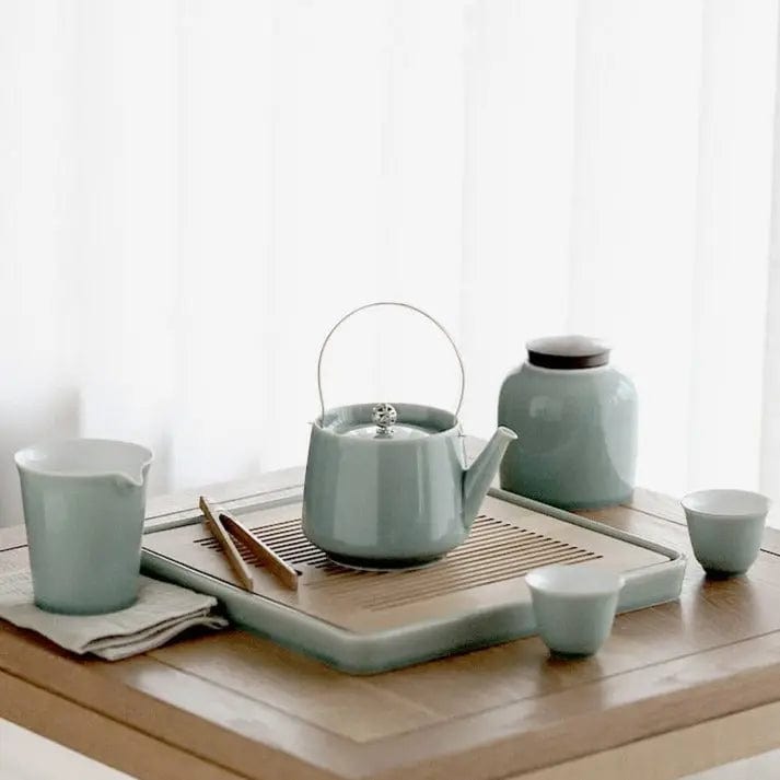 Luxury Japanese Ceramic Tea Set with Wooden Tray – Teapot 350 ml and 6 or 8 Cups
