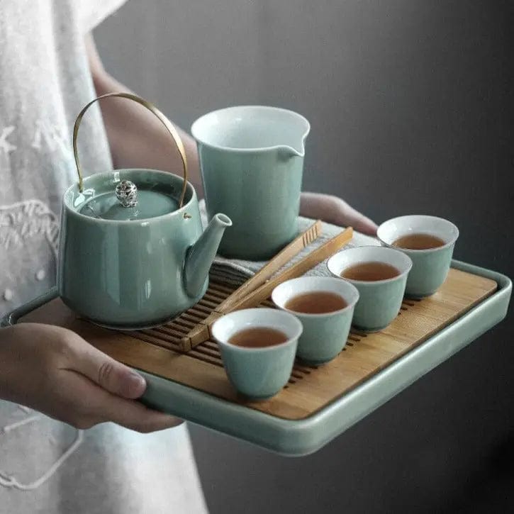 Luxury Japanese Ceramic Tea Set with Wooden Tray – Teapot 350 ml and 6 or 8 Cups