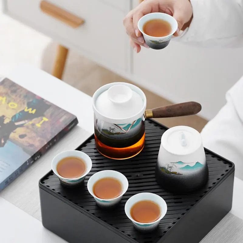 Portable Japanese Ceramic Tea Set with Carrying Bag – Teapot 300 ml and 4 Cups