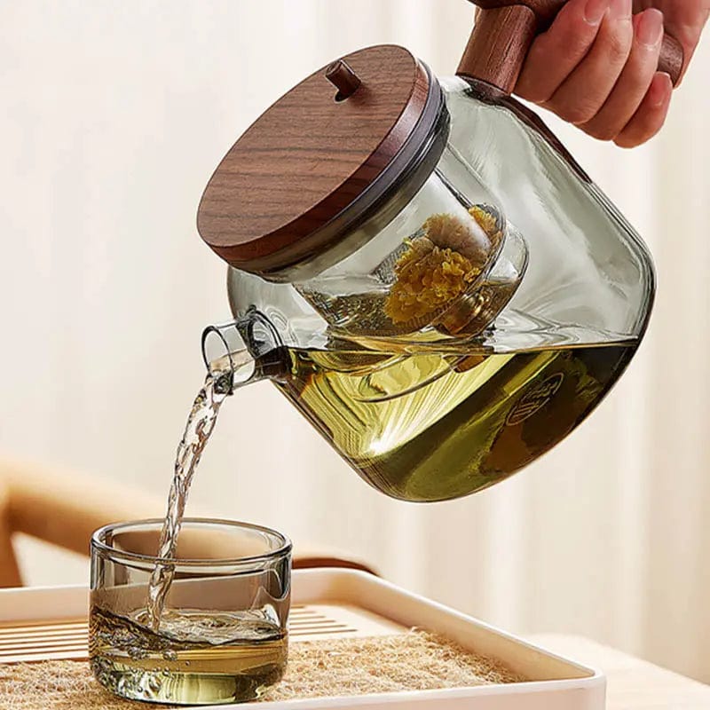 Round Glass and Wood Teapot with Infuser Button 700 ml