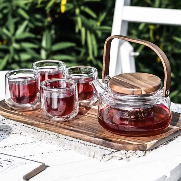 Scandinavian Glass and Acacia Wood Tea Set, 600 ml