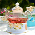 Glass Teapot with Warmer 600 ml and Blue Flowers – Elegant Teapot Set